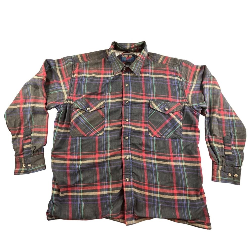 VTG Northern Spirit Mens Large Black Thermal Lined Flannel Button Up Shacket Y2K